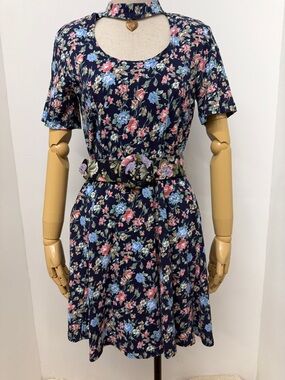 Vintage Zanoni By Jalate Navy Floral Print Short Sleeve Dress with Choker Size M